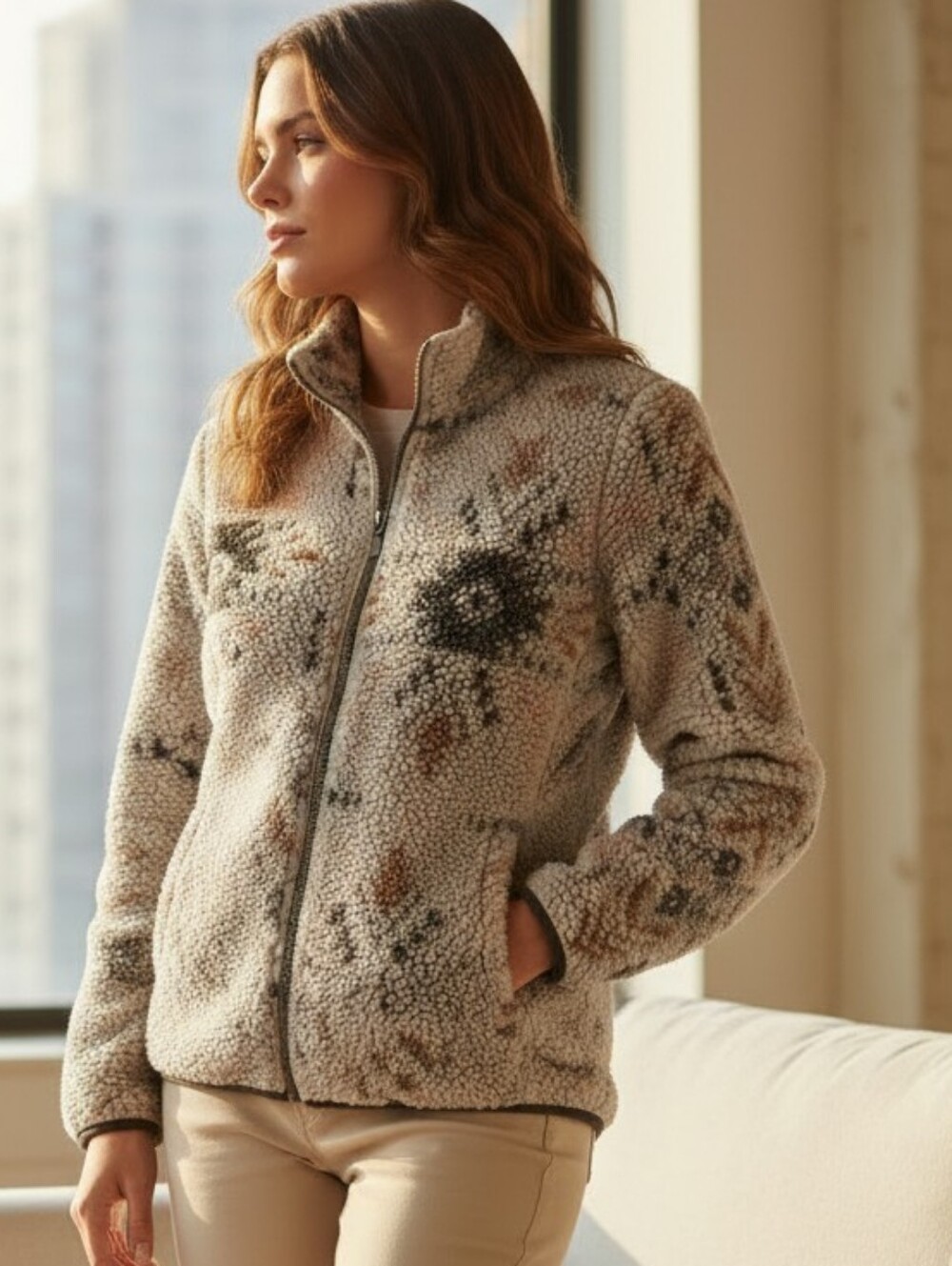 Avalanche Women’s S Floral Pattern Sherpa Fleece Full Zip Jacket Gray Tan